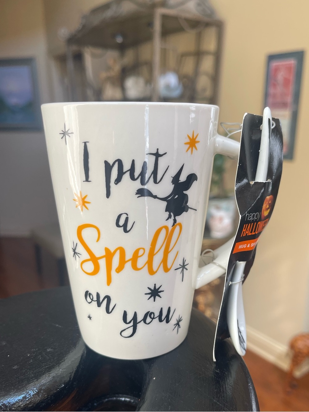 I Put a Spell On You Witch on Broom Cup Mug with Spoon holds 14 FL OZ -2pc NEW